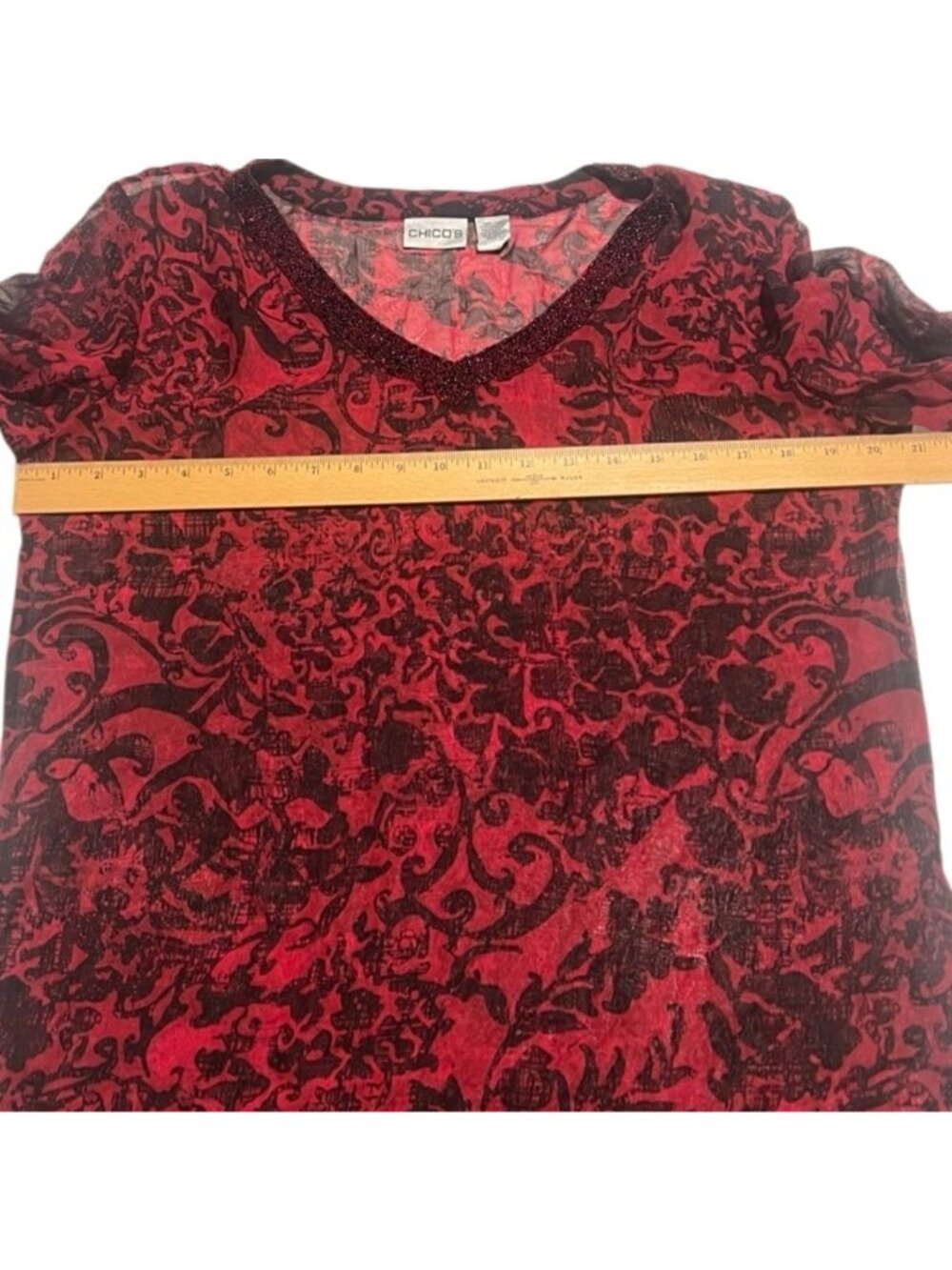 Chico's Deep Red & Black Beaded V Neck Long Sleeves Sheer Silk Top Size Large - Picture 10 of 10